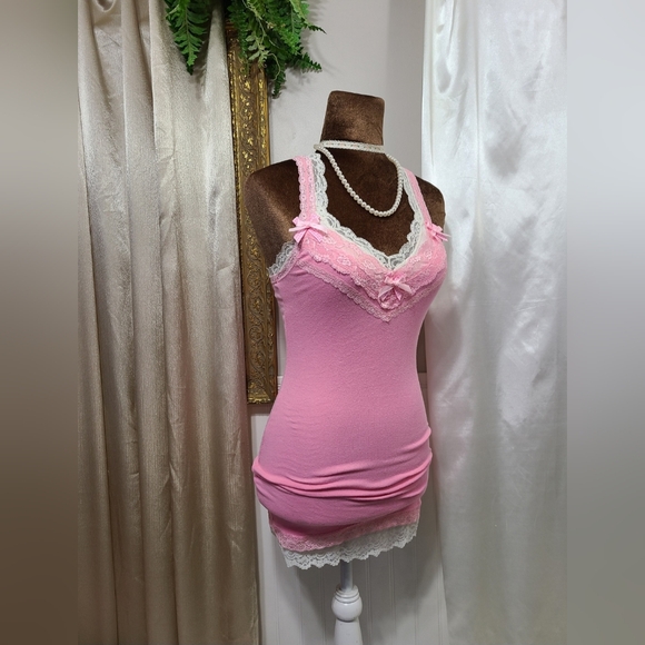 ♡ Y2K ♡ Hollister Baby Pink Lace Cami Satin Bow Coquette Tank Top - Picture 3 of 11